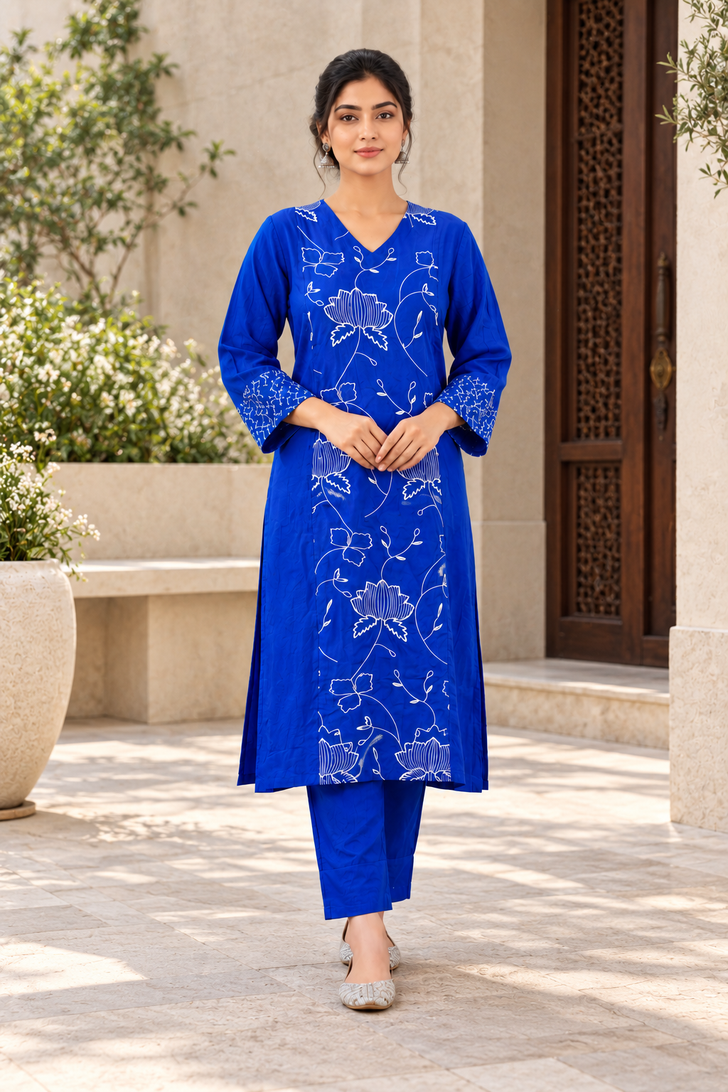VedAarna Royal Blue Floral Embroidered Chanderi Kurta Pant Set