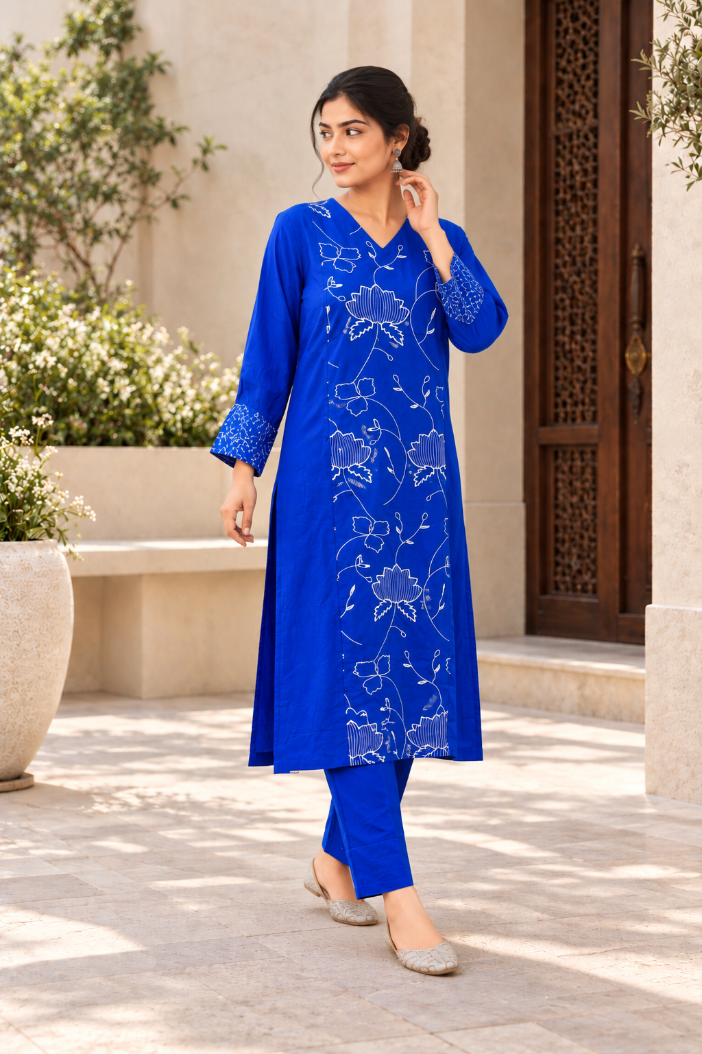 Royal Blue Floral Embroidered Chanderi Kurta Pant Set - View 4
