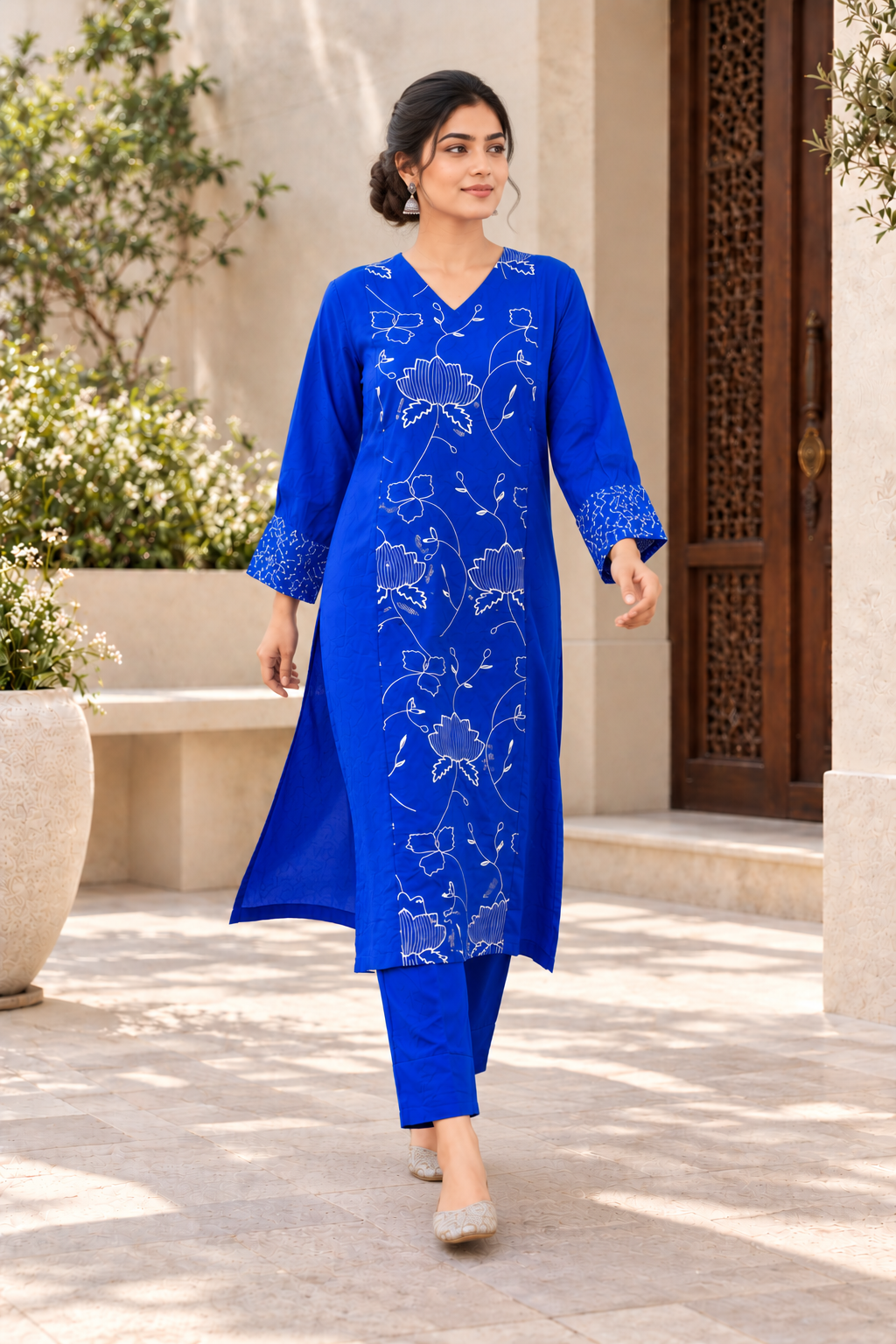 Royal Blue Floral Embroidered Chanderi Kurta Pant Set - View 5