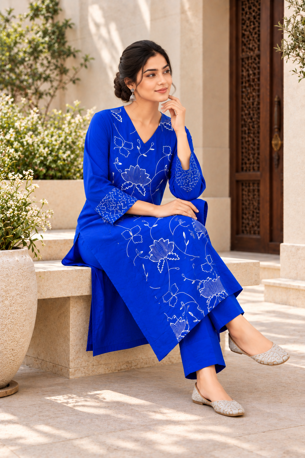 Royal Blue Floral Embroidered Chanderi Kurta Pant Set - View 6