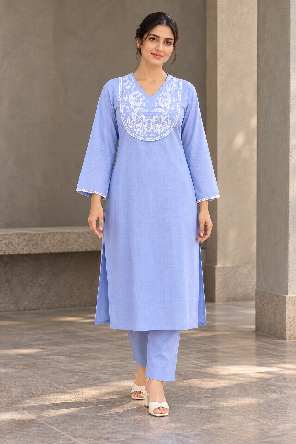 VedAarna Women Powder Blue & White Embroidered Straight Kurta with Trousers