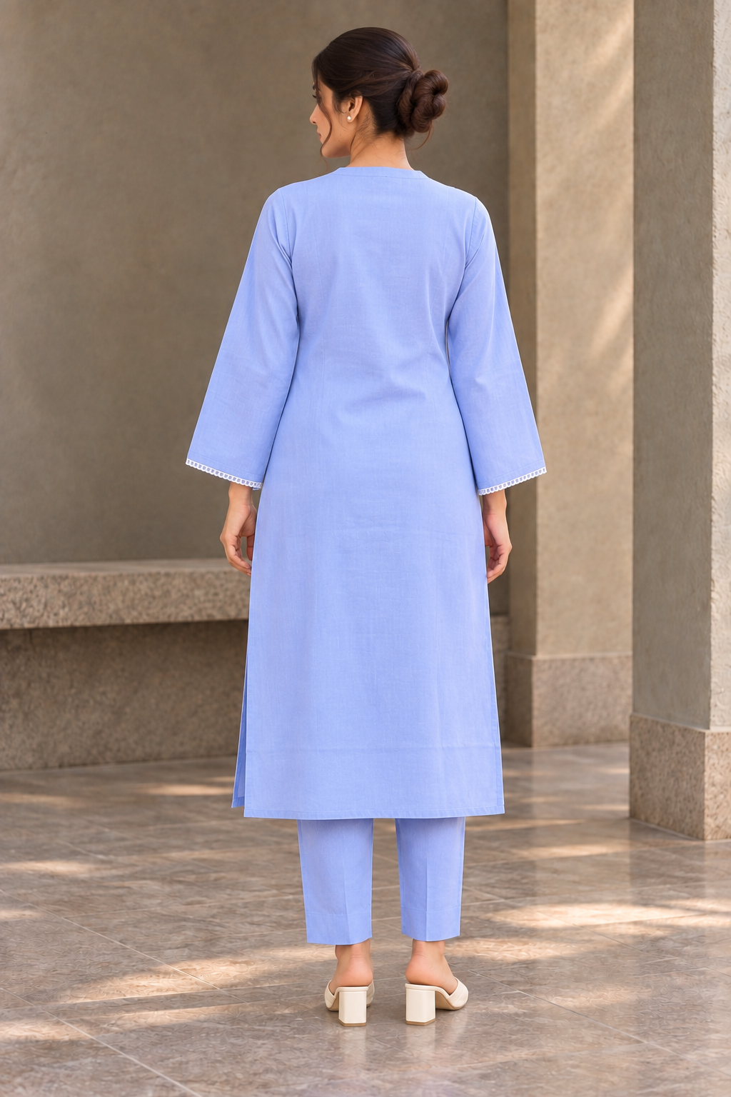 Powder Blue & White Embroidered Straight Kurta with Trousers - View 3