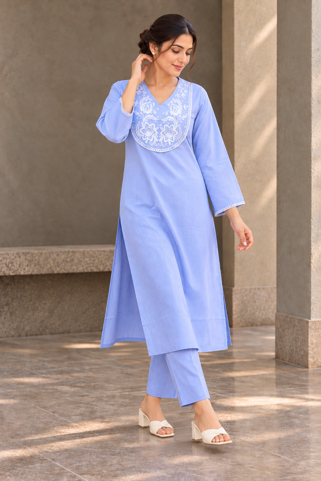 Powder Blue & White Embroidered Straight Kurta with Trousers - View 4
