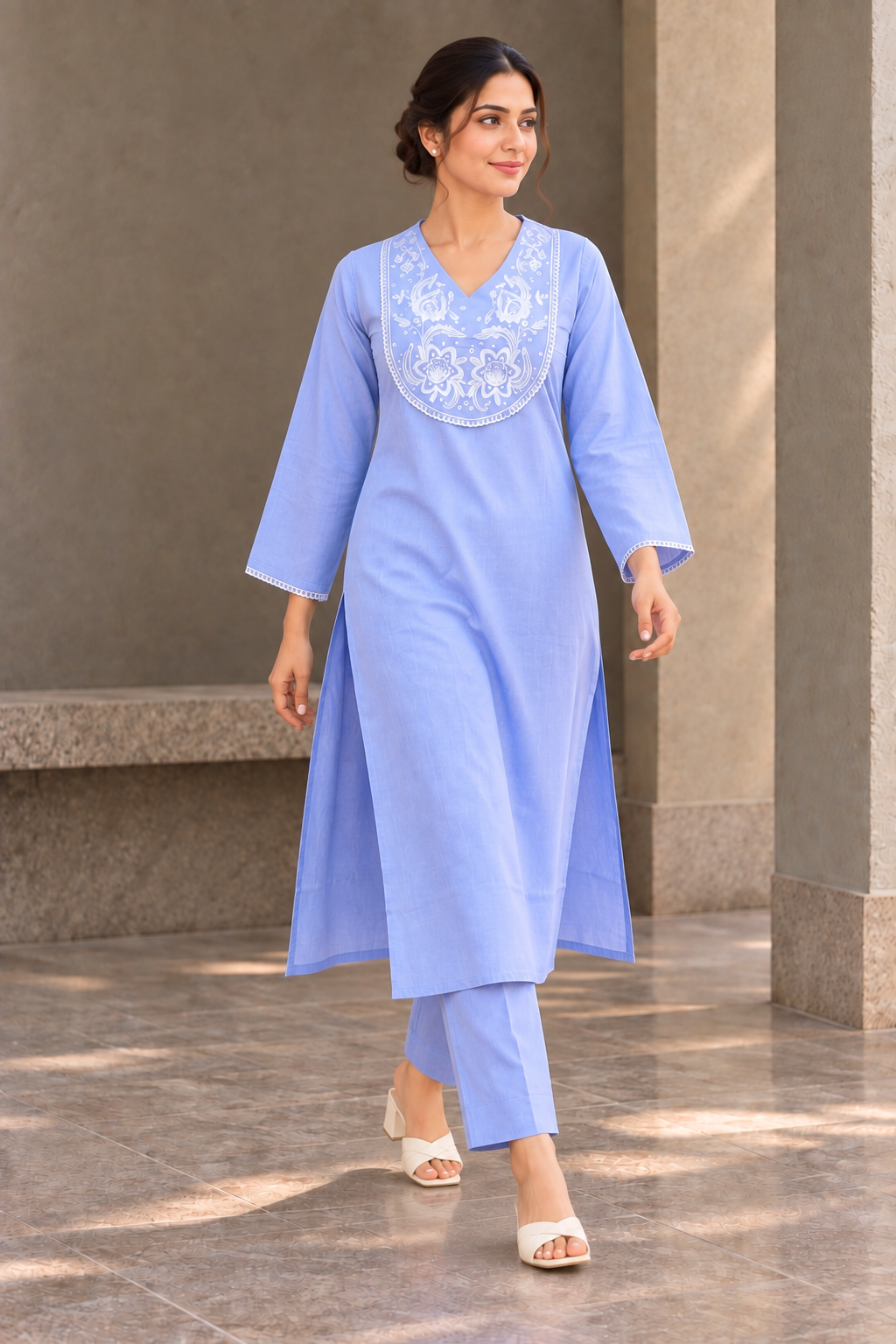 Powder Blue & White Embroidered Straight Kurta with Trousers - View 5