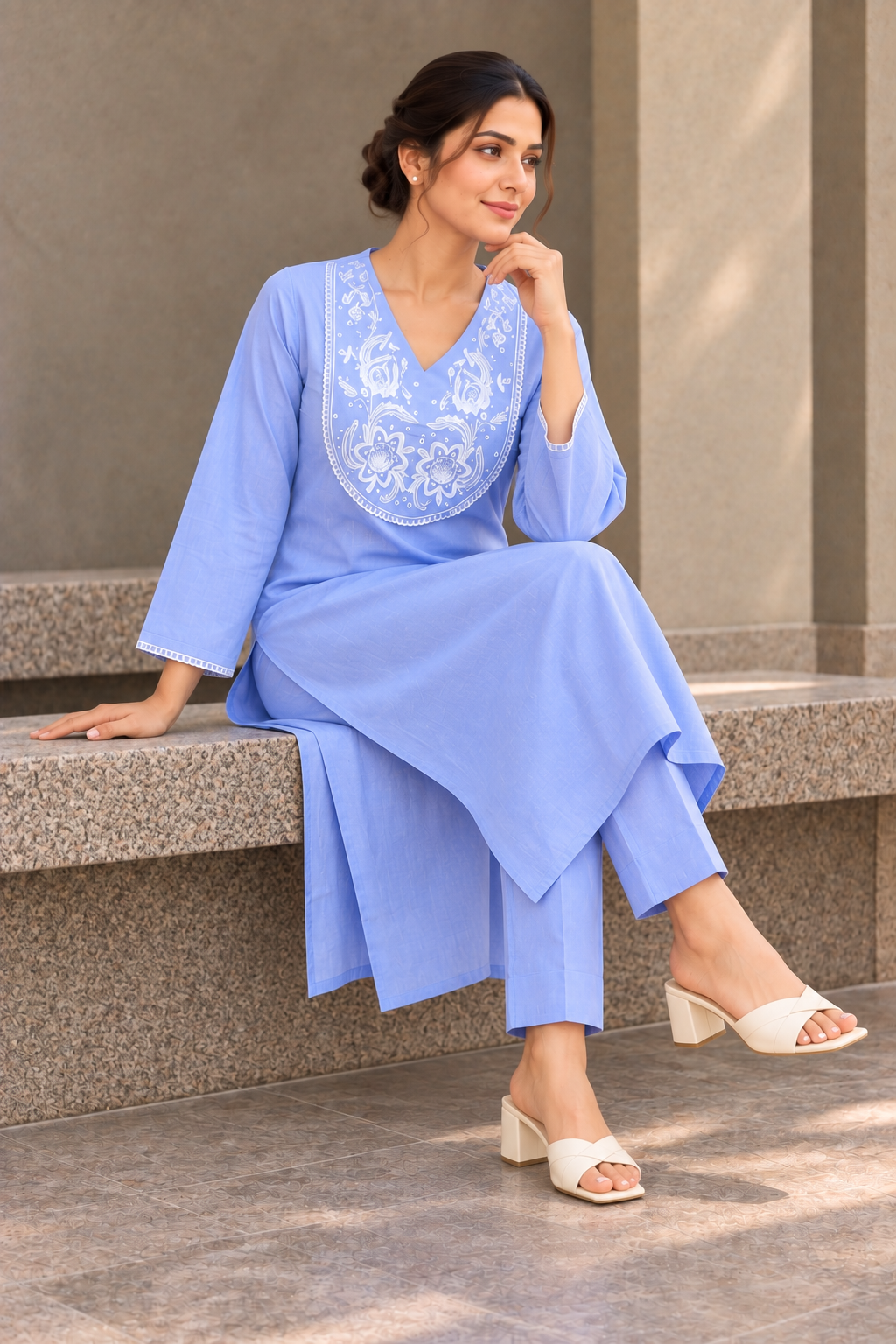Powder Blue & White Embroidered Straight Kurta with Trousers - View 6