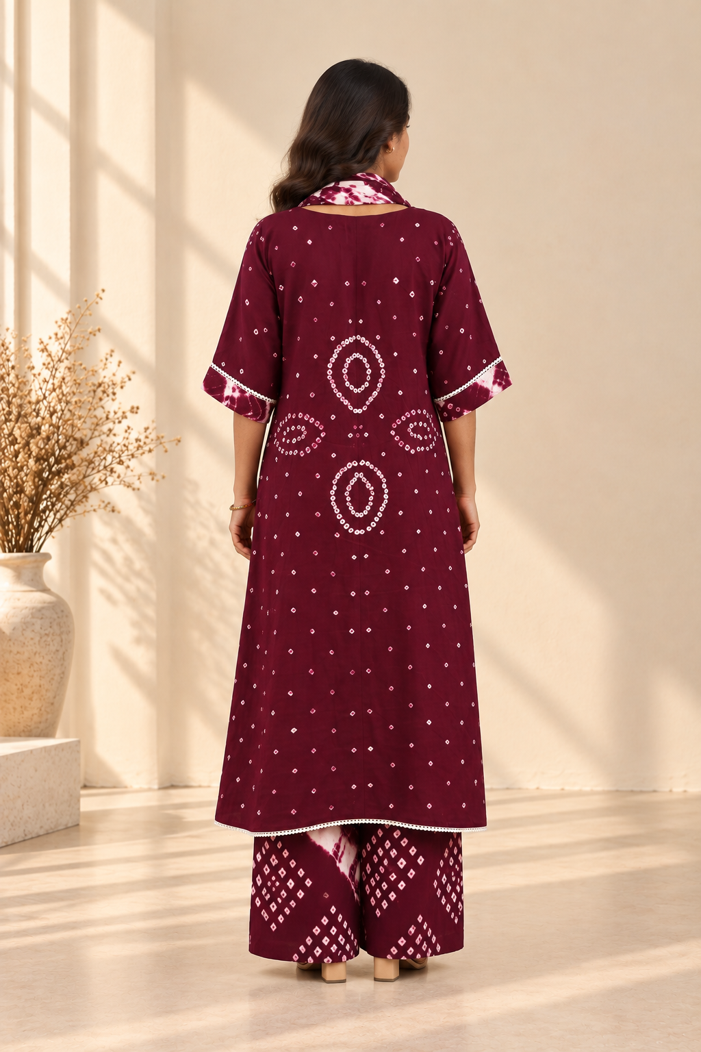 Wine Bandhani Three-Piece Kurta Set - View 3