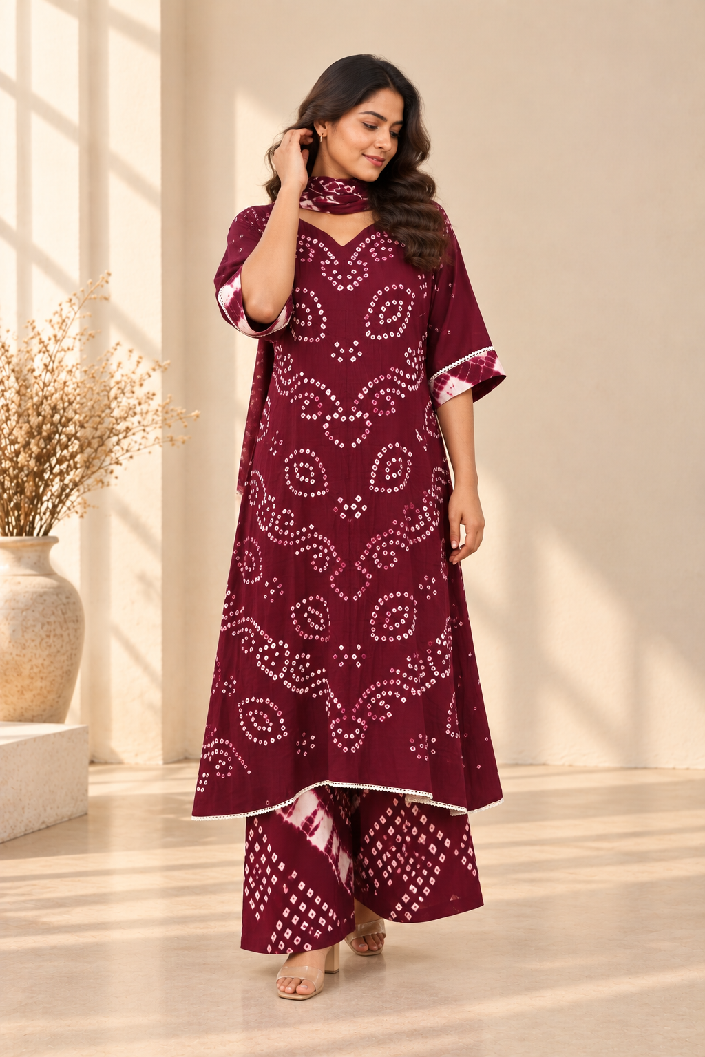 Wine Bandhani Three-Piece Kurta Set - View 4