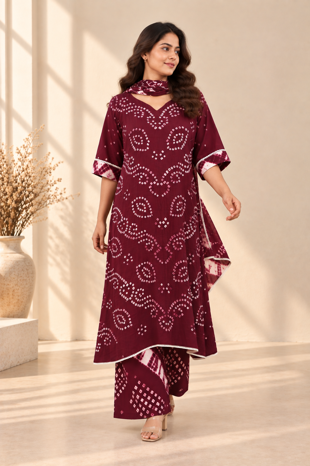 Wine Bandhani Three-Piece Kurta Set - View 5