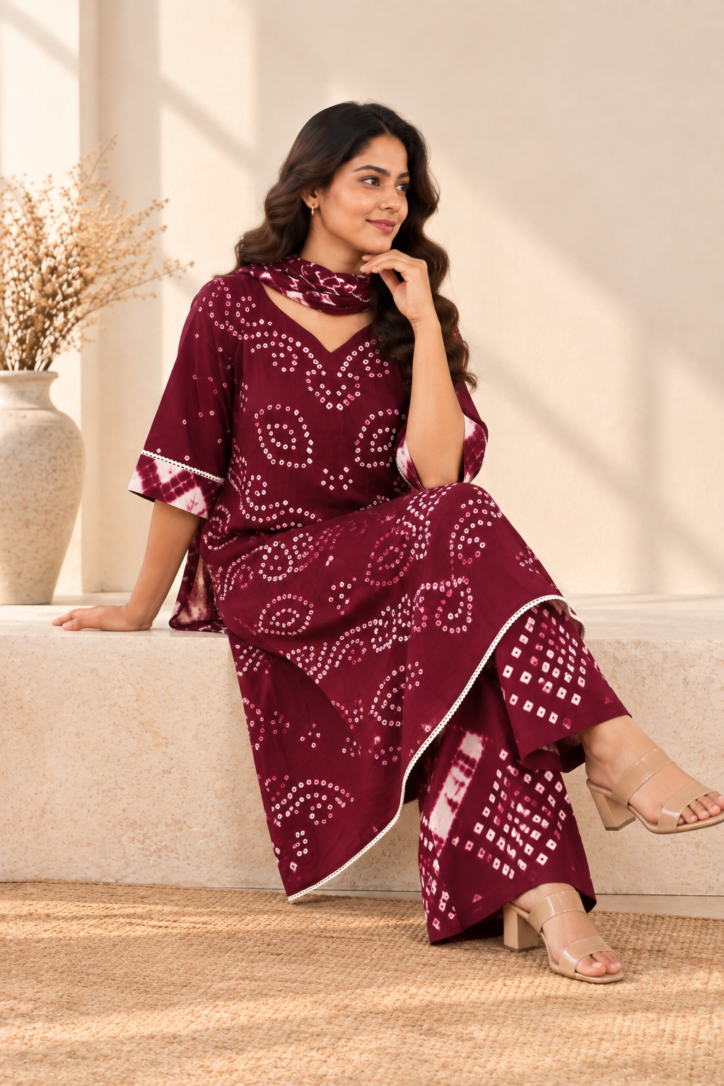 Wine Bandhani Three-Piece Kurta Set - View 6