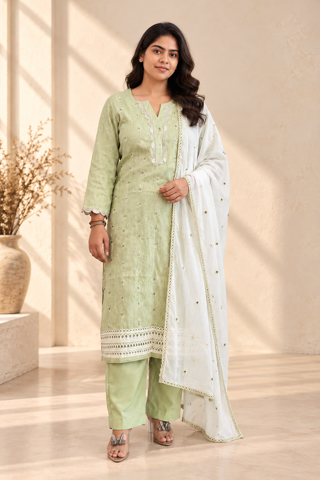 Pista Green Embroidered Three-Piece Kurta Set