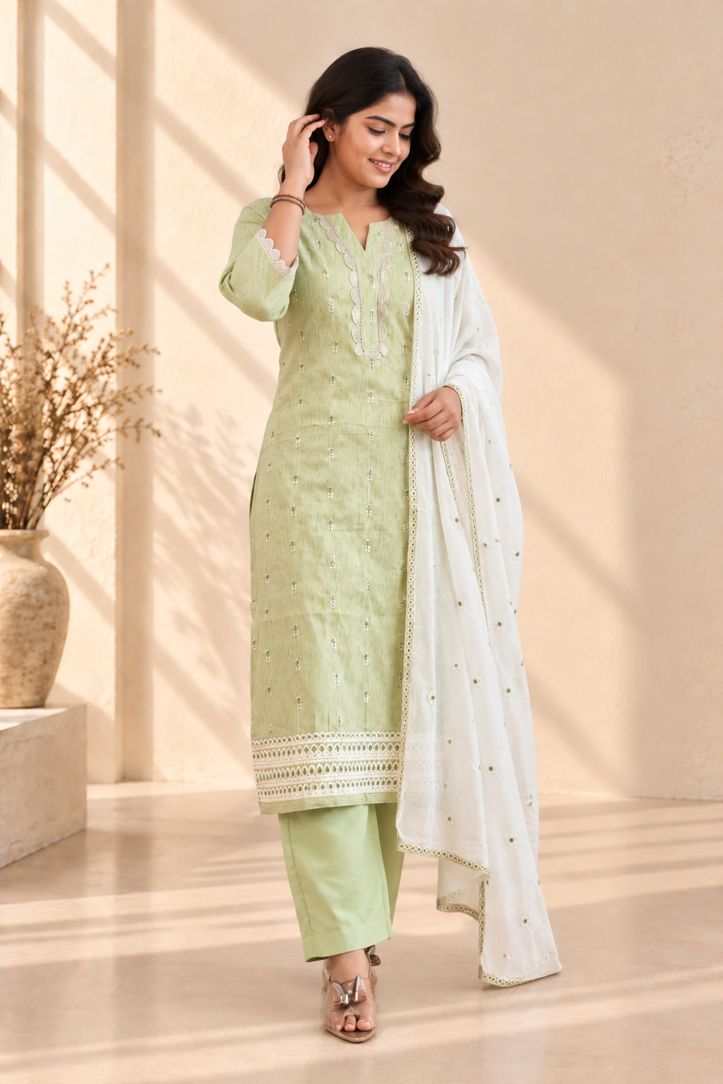 Pista Green Embroidered Three-Piece Kurta Set - View 4