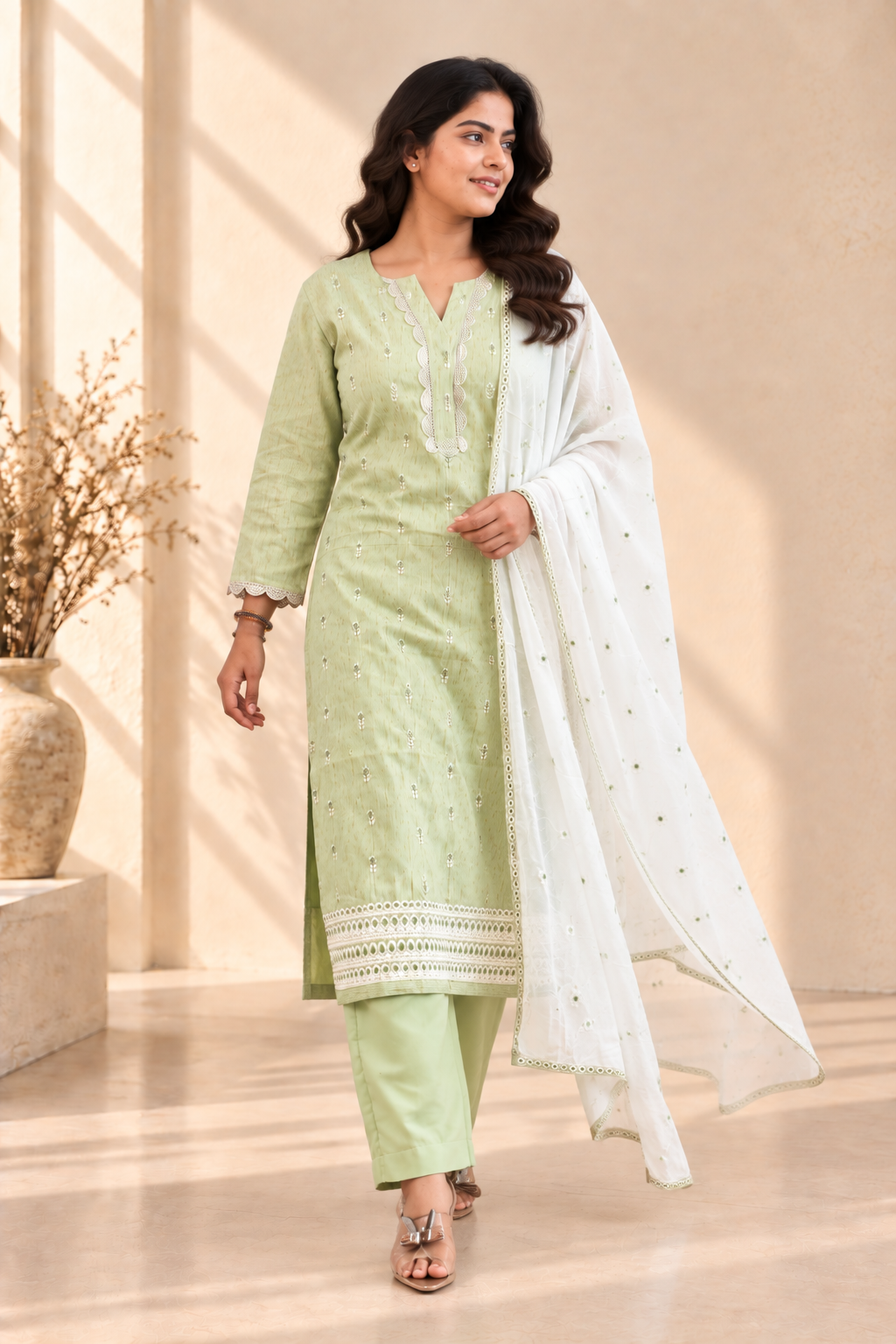 Pista Green Embroidered Three-Piece Kurta Set - View 5