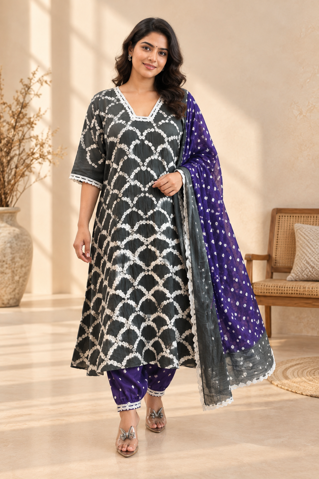Charcoal Grey Bandhani Three-Piece Kurta Set