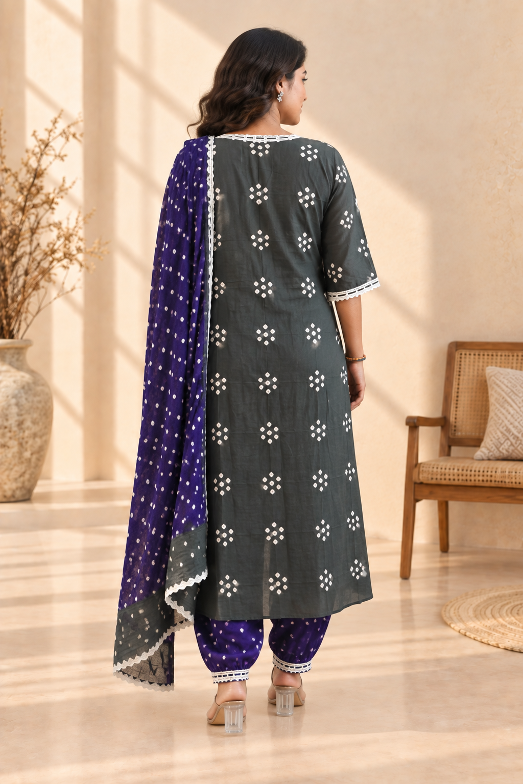 Charcoal Grey Bandhani Three-Piece Kurta Set - View 3