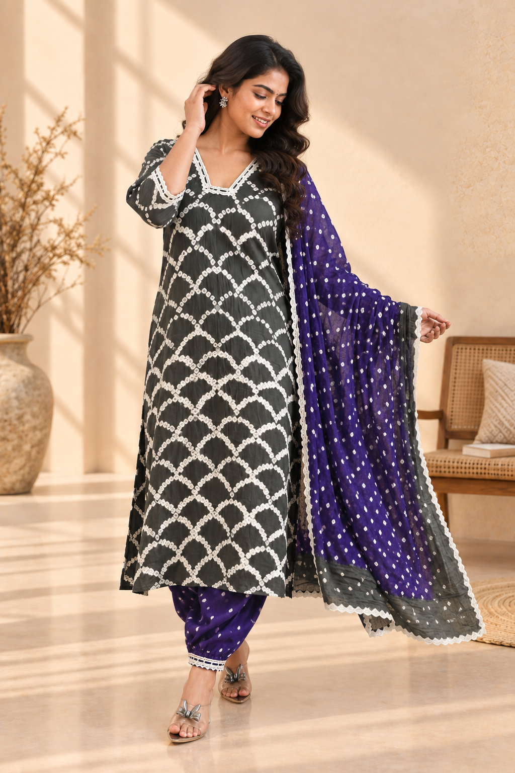 Charcoal Grey Bandhani Three-Piece Kurta Set - View 4