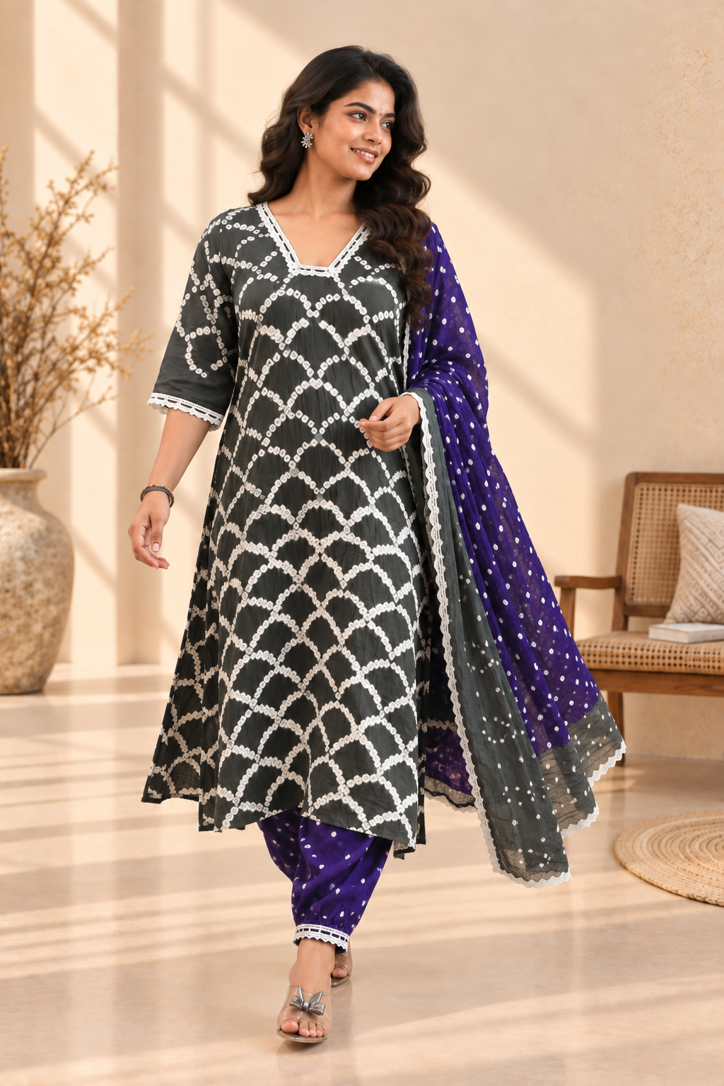 Charcoal Grey Bandhani Three-Piece Kurta Set - View 5