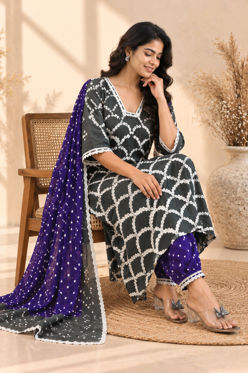 Charcoal Grey Bandhani Three-Piece Kurta Set - View 6