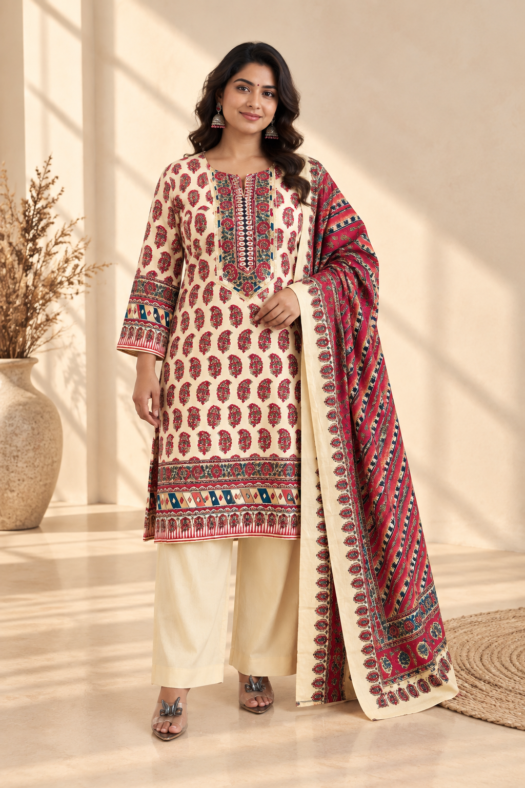 Ivory Red Paisley Print Three-Piece Kurta Set