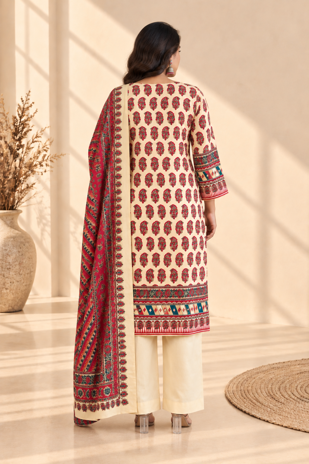 Ivory Red Paisley Print Three-Piece Kurta Set - View 3