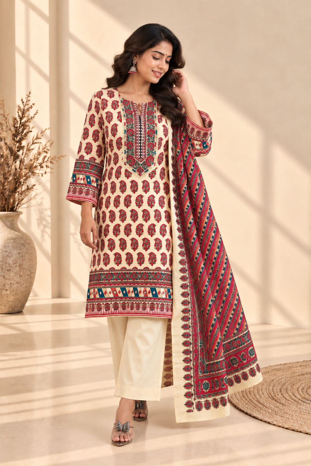 Ivory Red Paisley Print Three-Piece Kurta Set - View 4