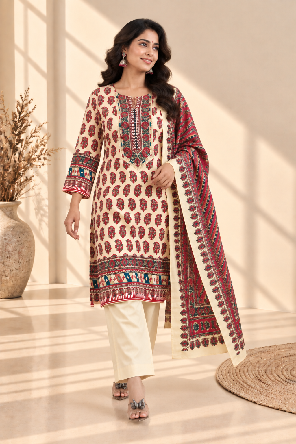 Ivory Red Paisley Print Three-Piece Kurta Set - View 5