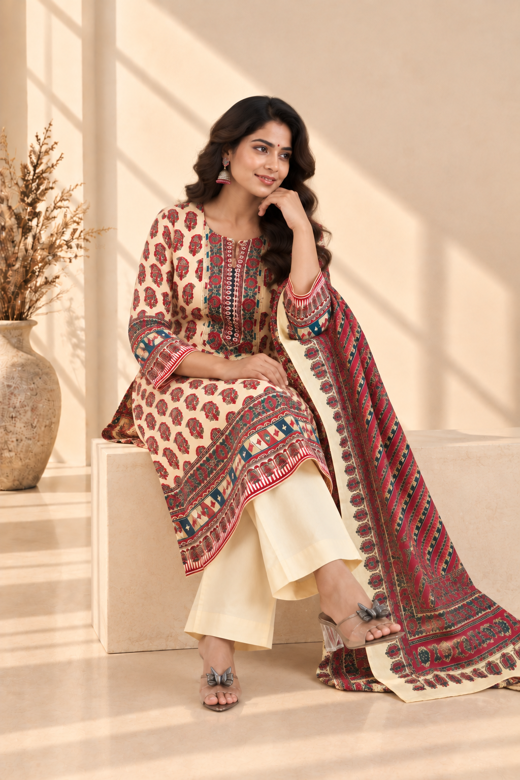 Ivory Red Paisley Print Three-Piece Kurta Set - View 6