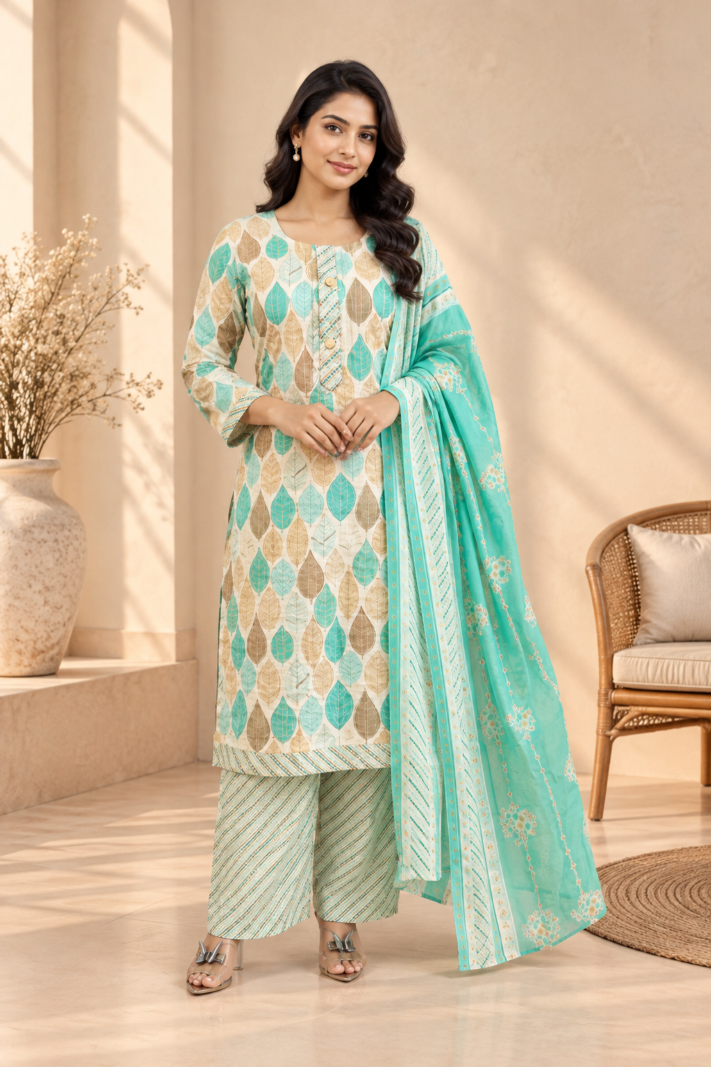Aqua Beige Leaf Print Kurta Palazzo Set with Dupatta