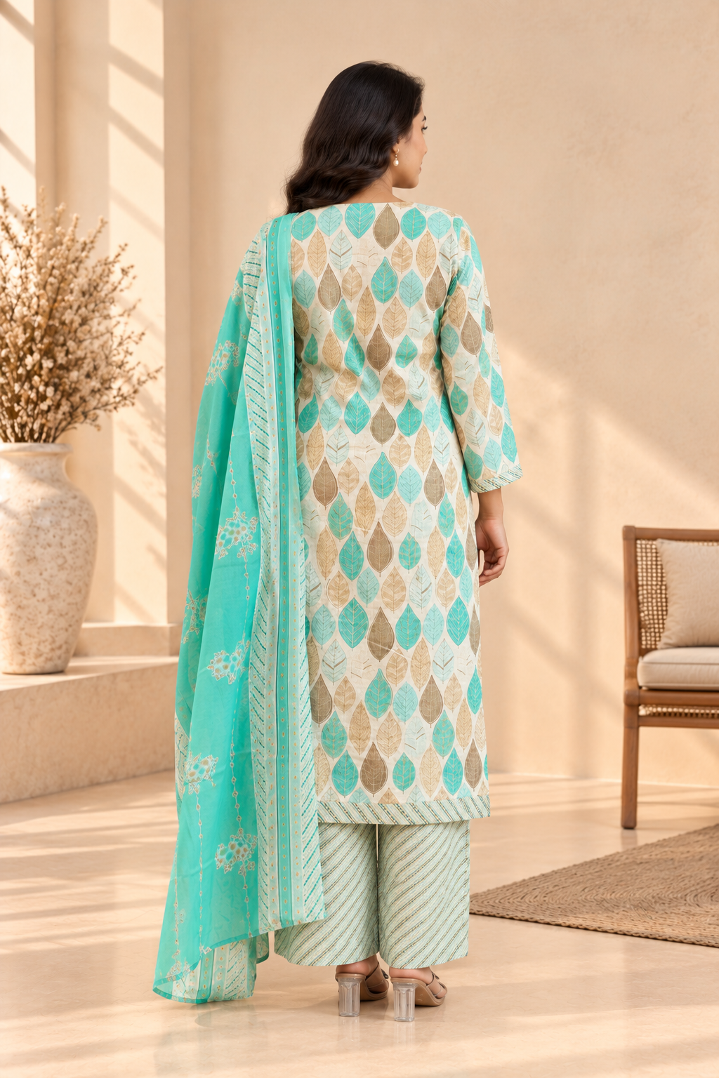 Aqua Beige Leaf Print Kurta Palazzo Set with Dupatta - View 3