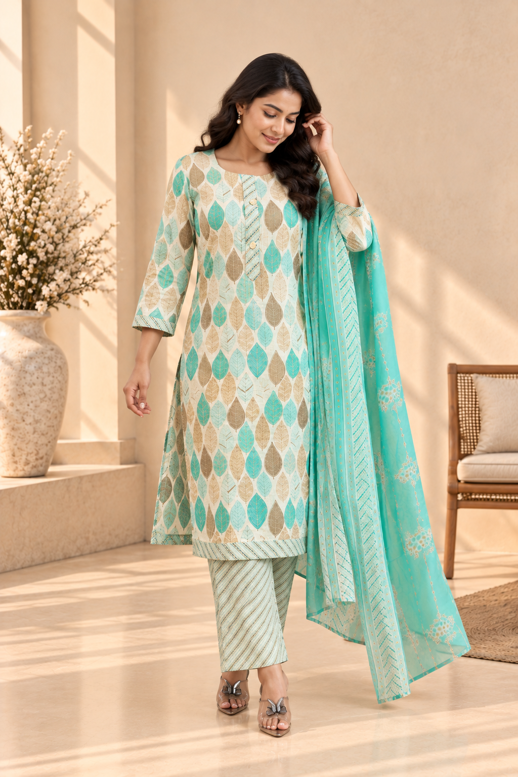 Aqua Beige Leaf Print Kurta Palazzo Set with Dupatta - View 4