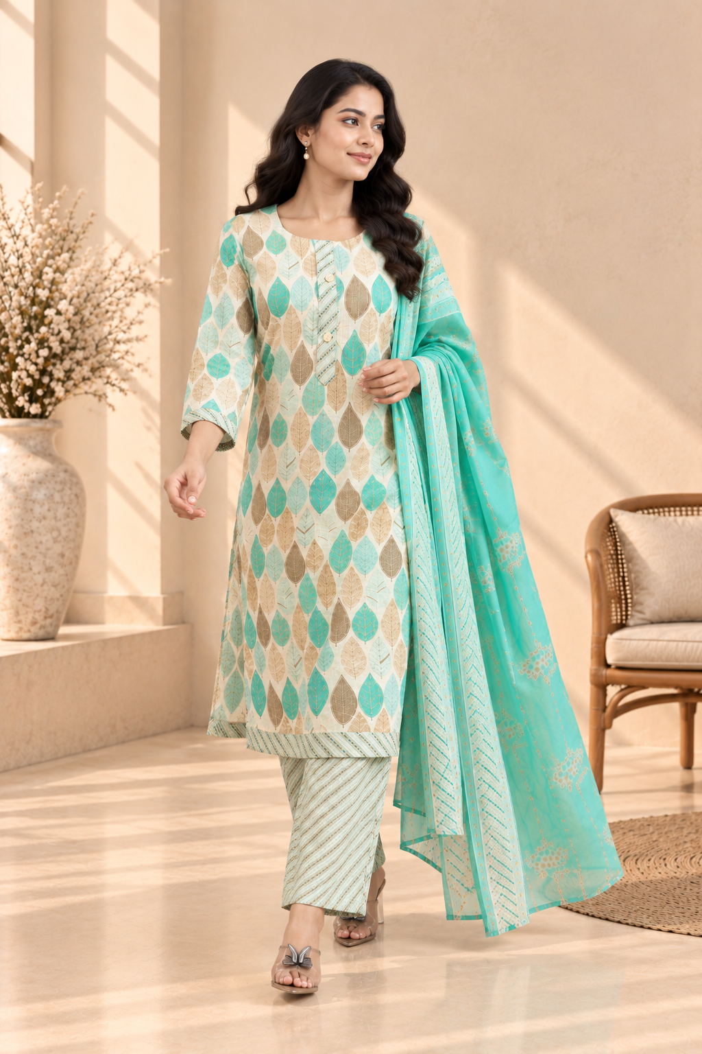 Aqua Beige Leaf Print Kurta Palazzo Set with Dupatta - View 5