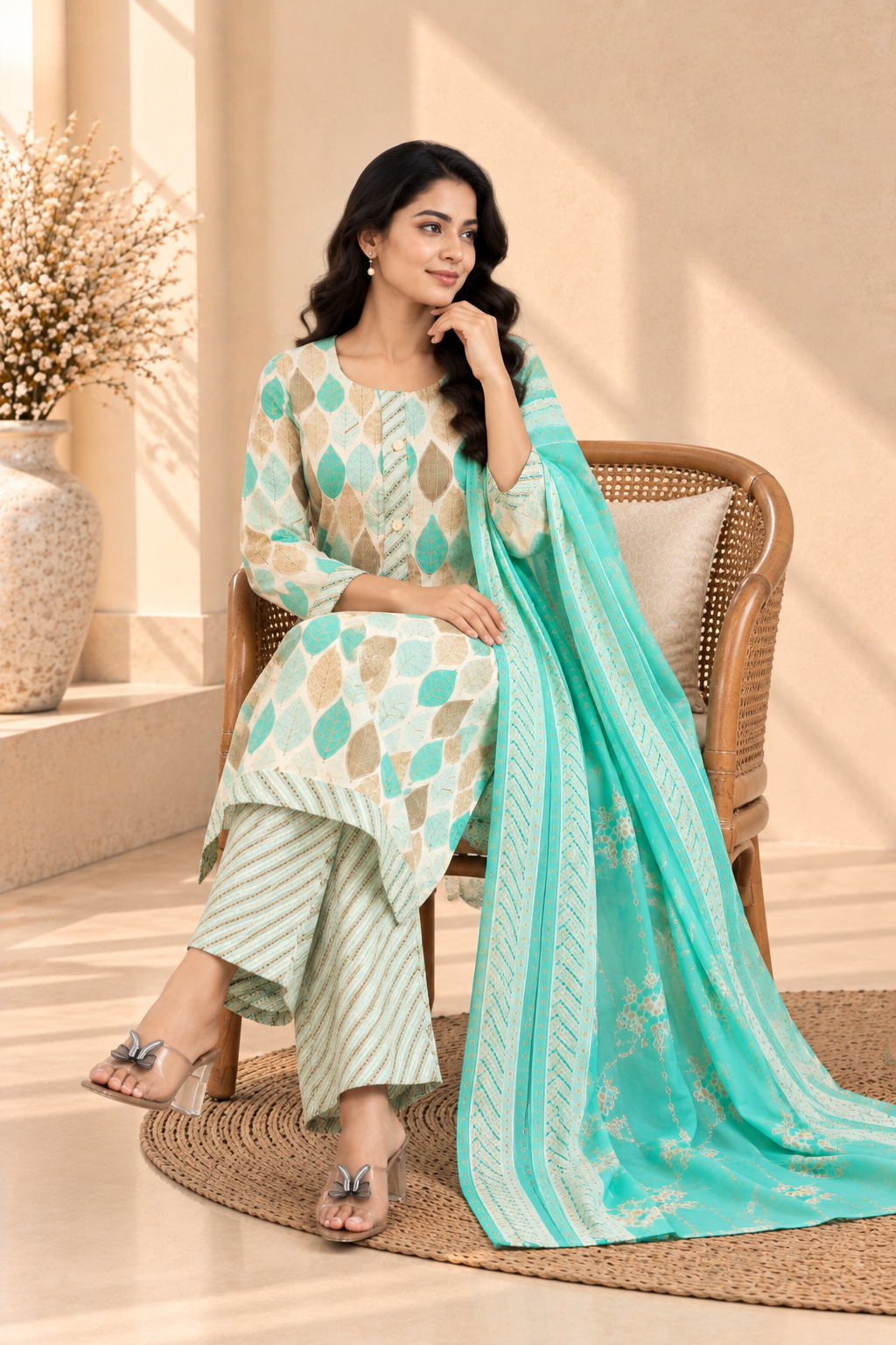 Aqua Beige Leaf Print Kurta Palazzo Set with Dupatta - View 6
