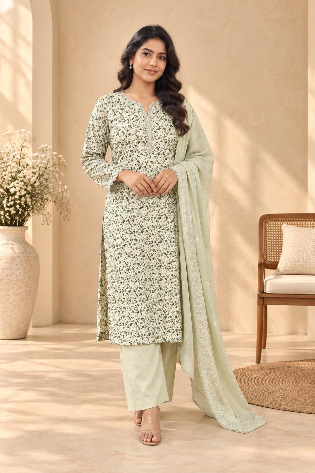 Mint Green Floral Print Kurta Set with Dupatta