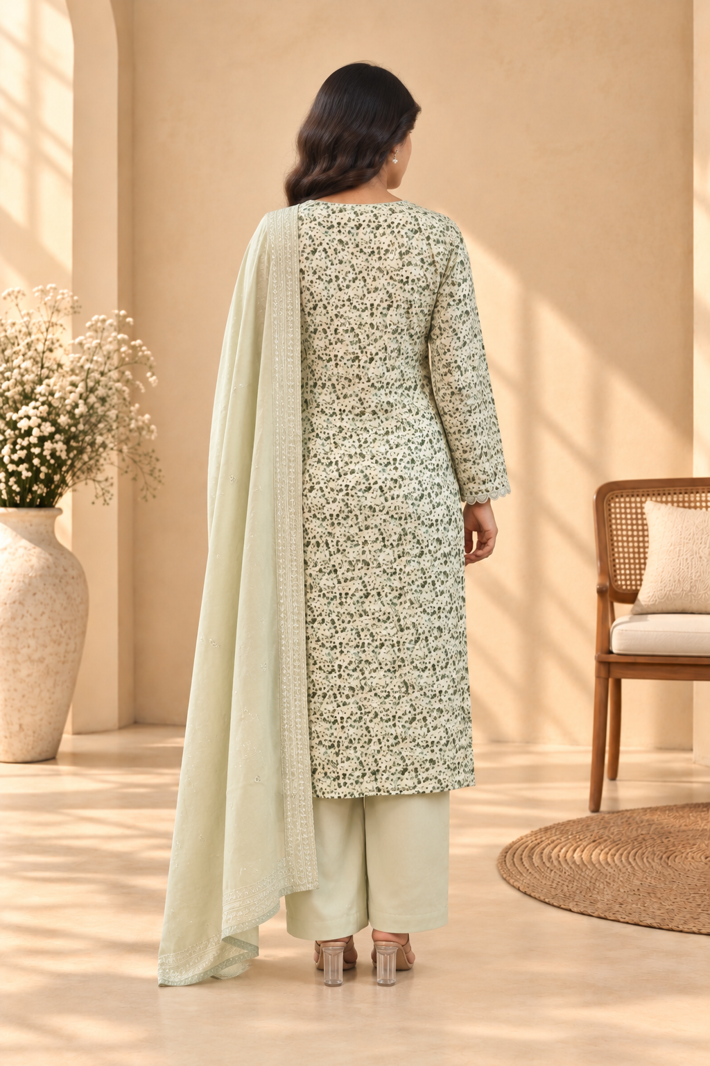Mint Green Floral Print Kurta Set with Dupatta - View 3