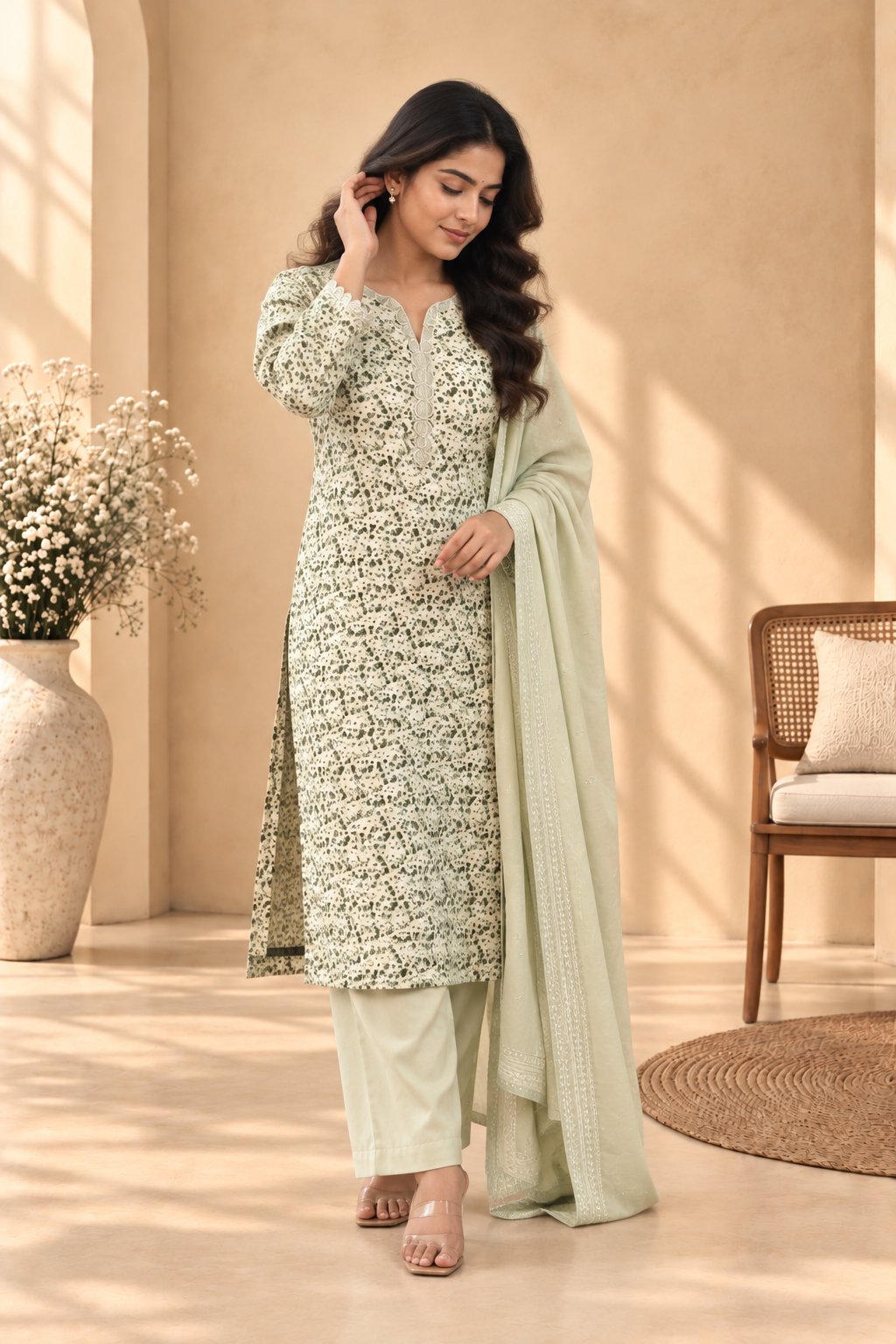 Mint Green Floral Print Kurta Set with Dupatta - View 4