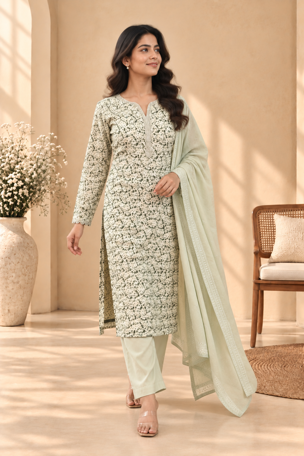 Mint Green Floral Print Kurta Set with Dupatta - View 5