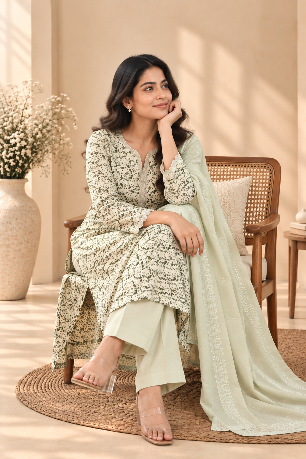 Mint Green Floral Print Kurta Set with Dupatta - View 6