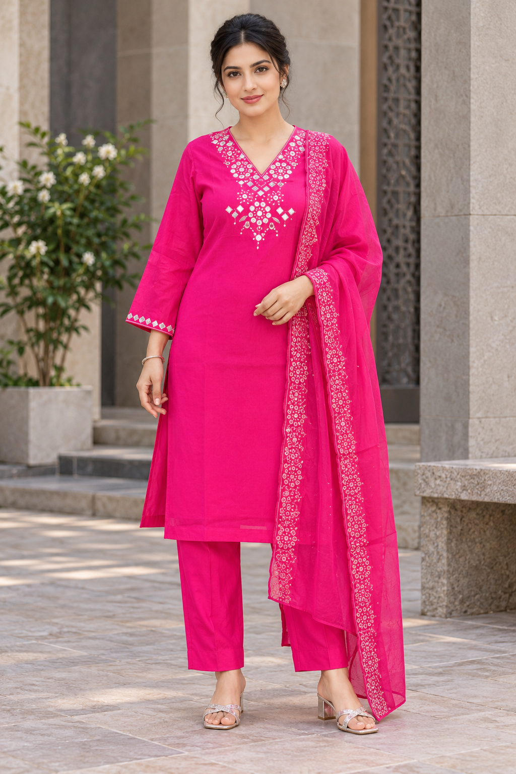 VedAarna Women Fuchsia Pink Mirror Work V-Neck Kurta, Trousers & Dupatta Set