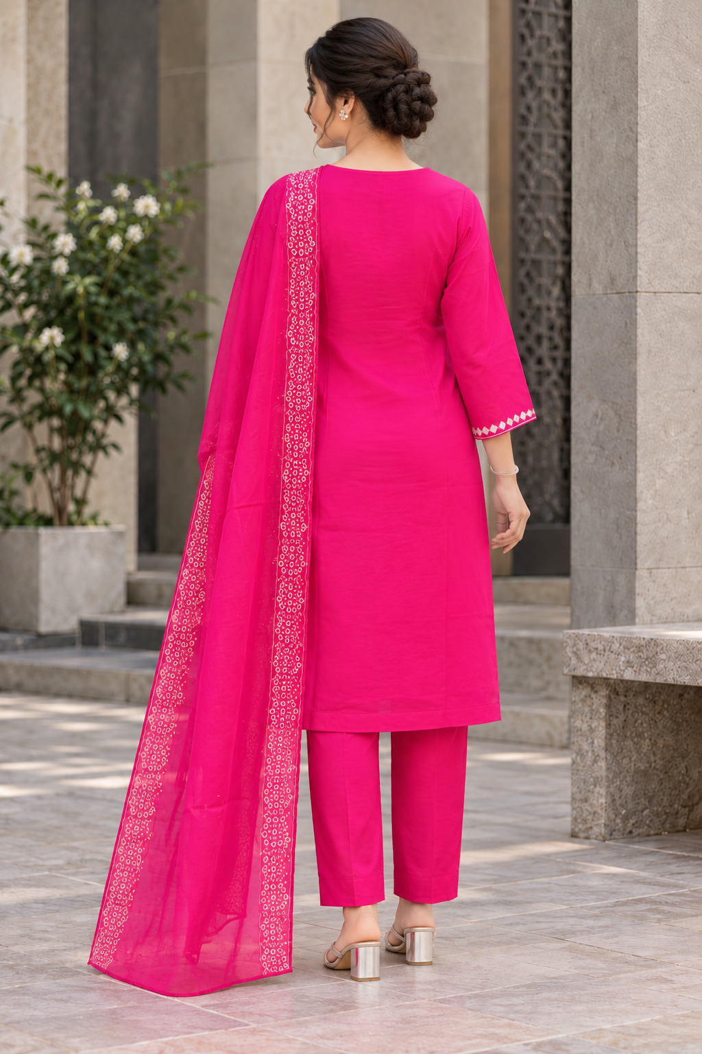 Fuchsia Pink Mirror Work V-Neck Kurta, Trousers & Dupatta Set - View 3