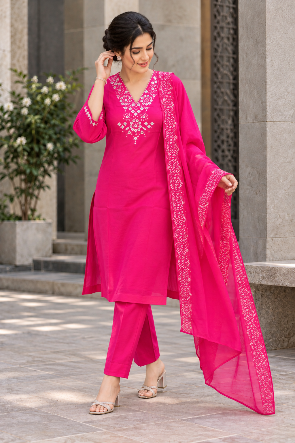 Fuchsia Pink Mirror Work V-Neck Kurta, Trousers & Dupatta Set - View 4