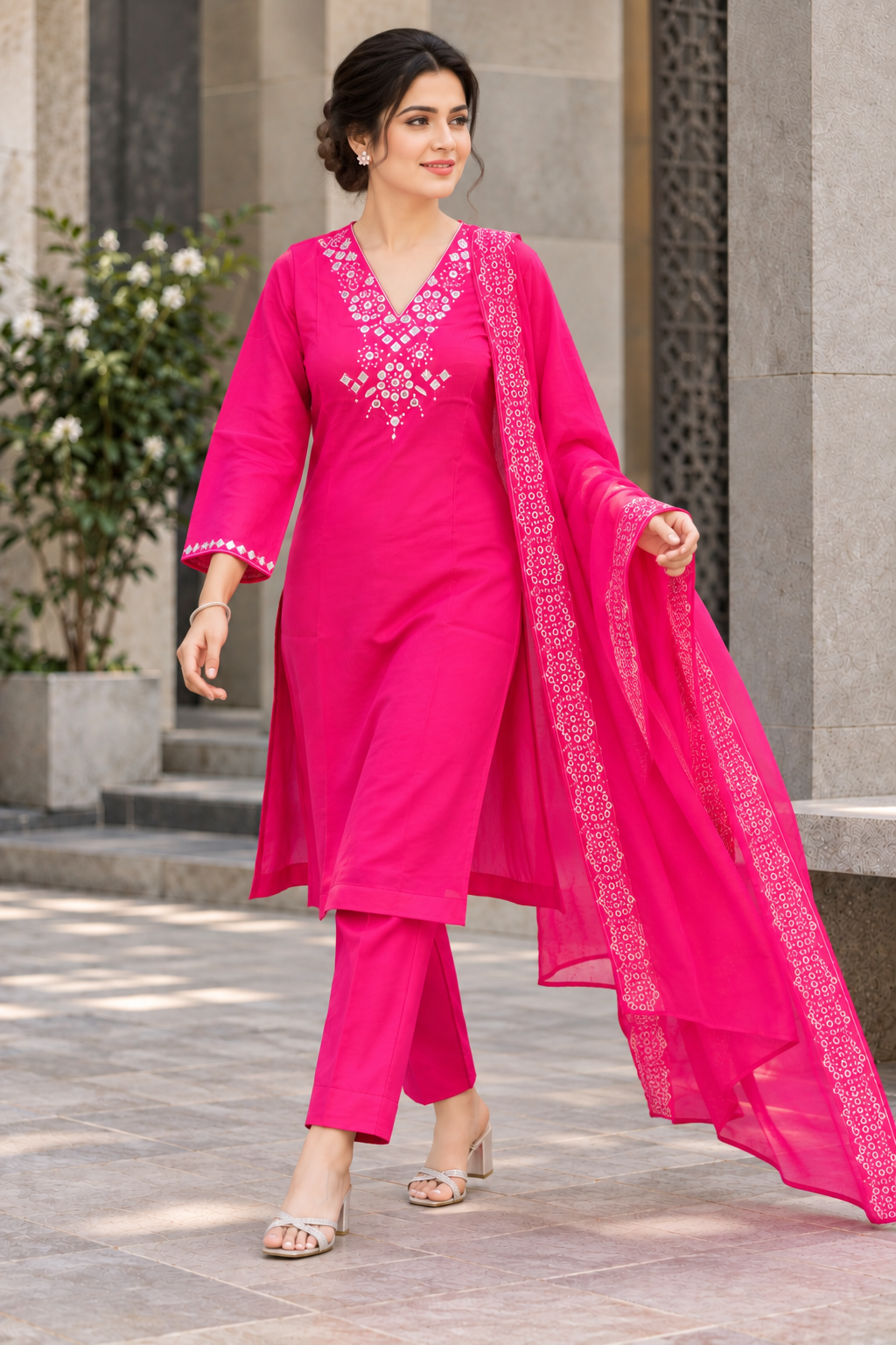 Fuchsia Pink Mirror Work V-Neck Kurta, Trousers & Dupatta Set - View 5