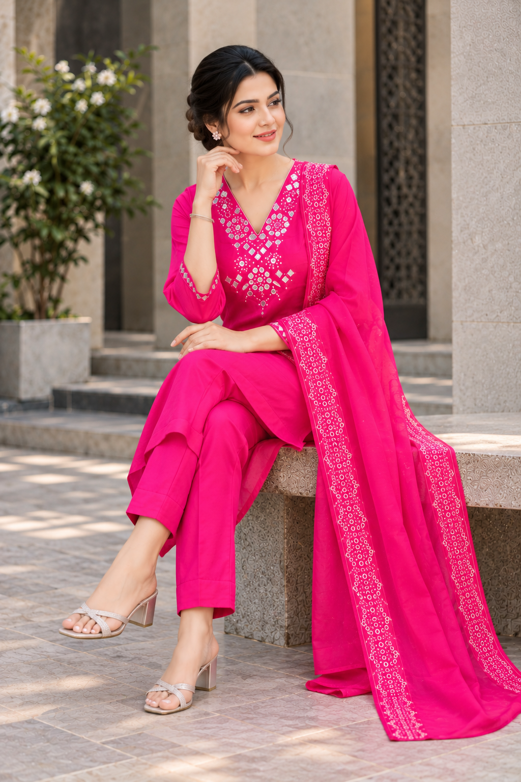 Fuchsia Pink Mirror Work V-Neck Kurta, Trousers & Dupatta Set - View 6
