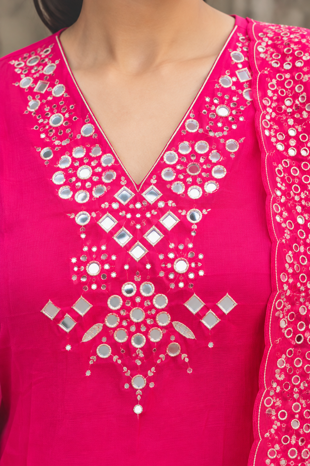 Fuchsia Pink Mirror Work V-Neck Kurta, Trousers & Dupatta Set - View 8