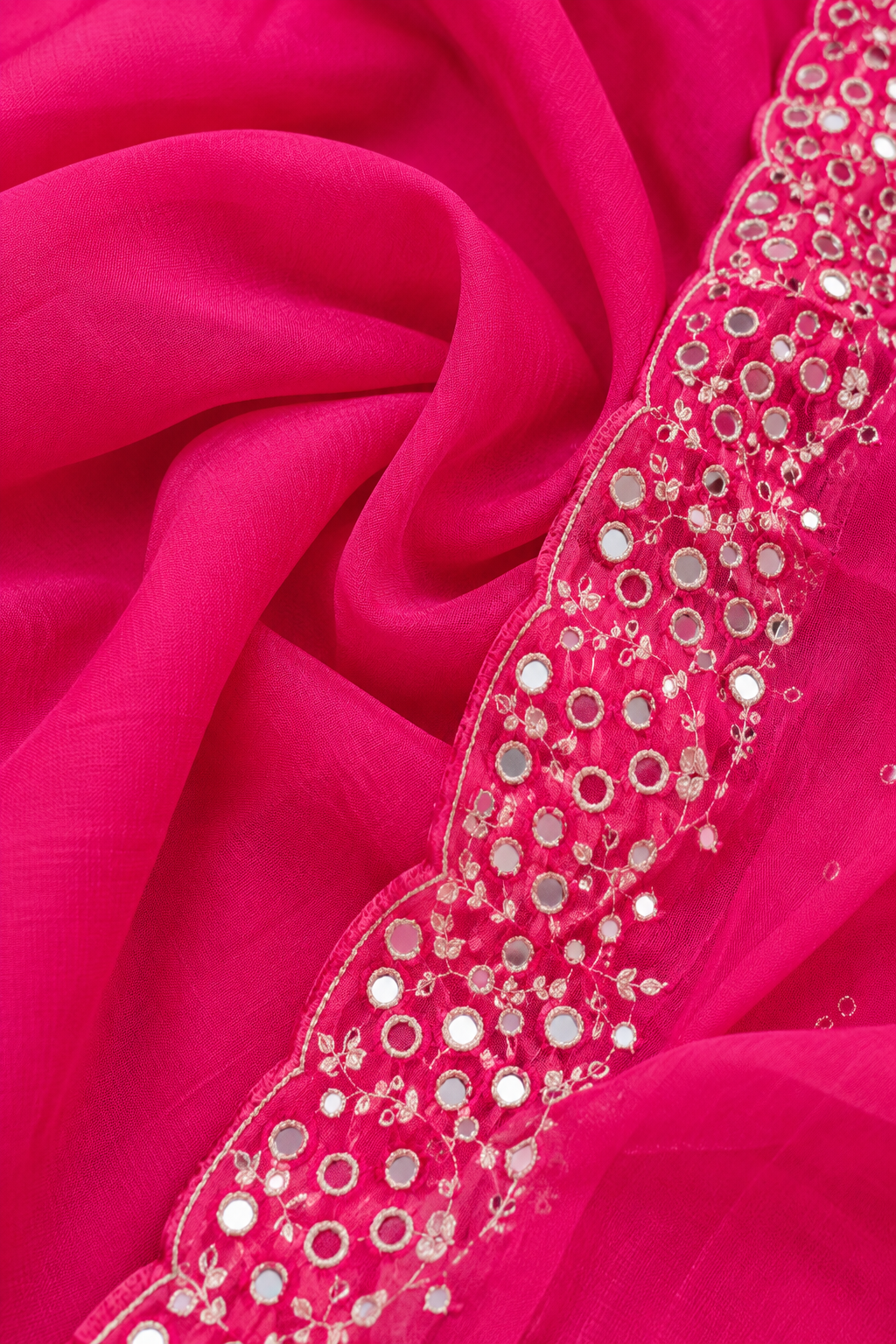 Fuchsia Pink Mirror Work V-Neck Kurta, Trousers & Dupatta Set - View 7