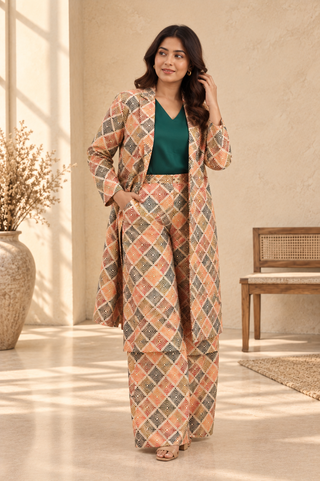 Multicolor Geometric Print Three-Piece Co-ord Set - View 5